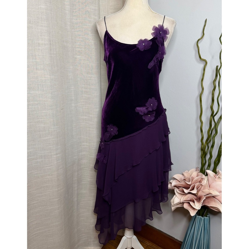 Vintage Y2K Robbie Bee Silk Velvet Dress Tiered Ruffle Floral Purple Fairy 6P